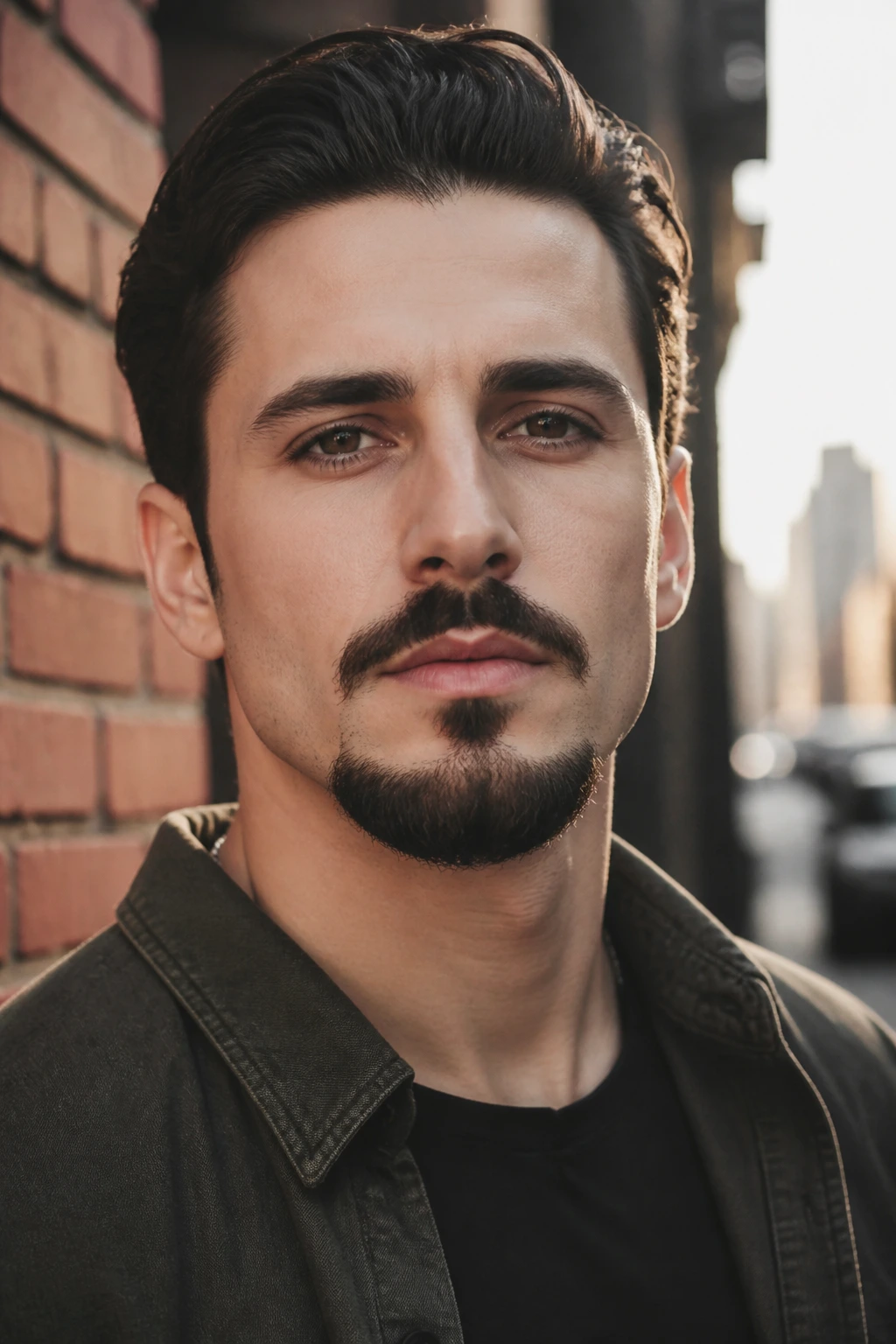 Close-up portrait of a man with Balbo beard against brick wall
