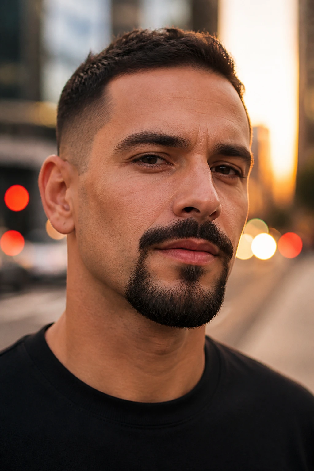 Close-up of a man with Balbo beard in golden hour street light