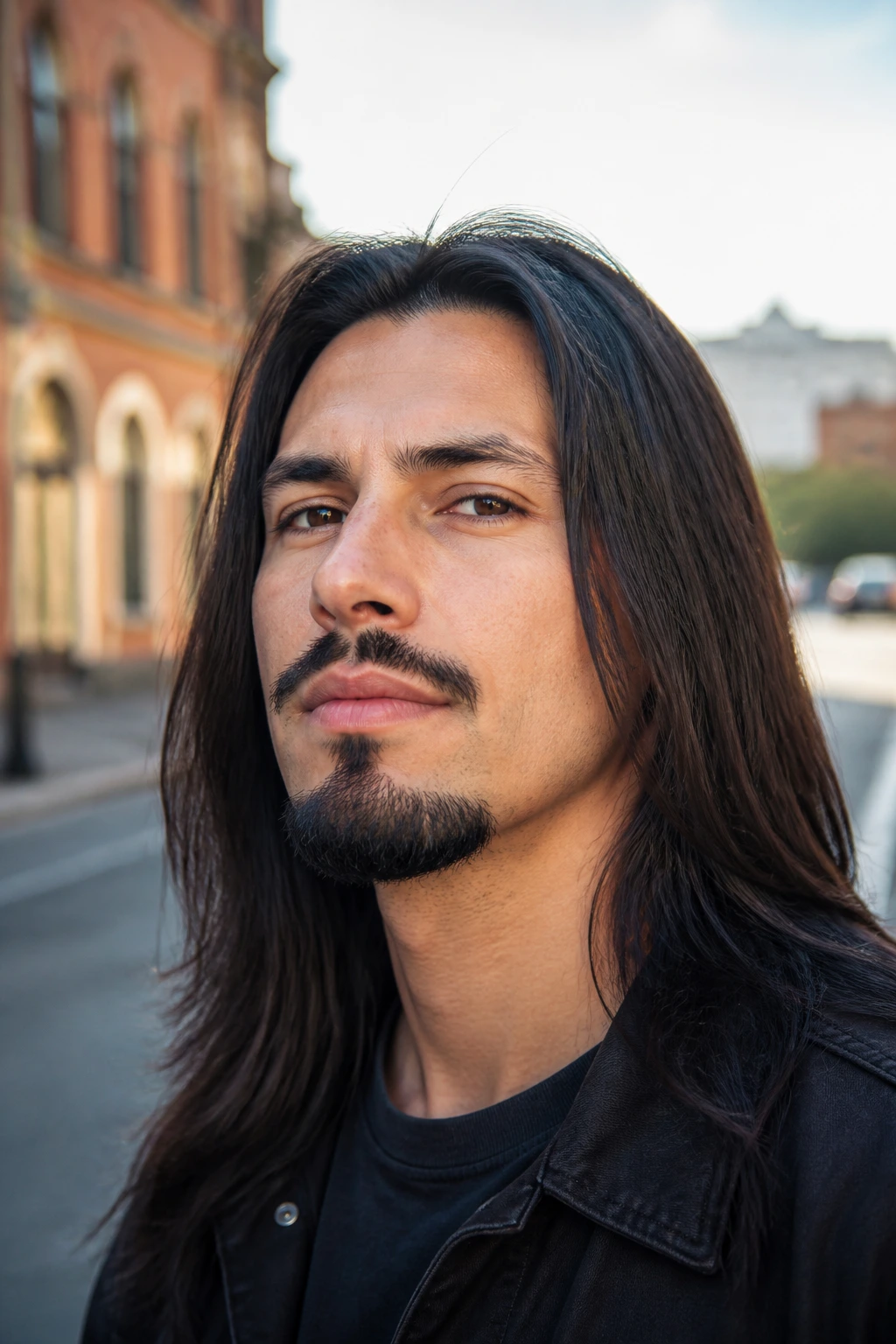 Man with straight hair and Balbo beard in morning light