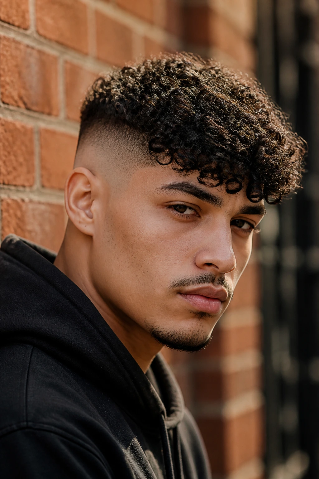 Close-up of a person with bald fade and curly fringe