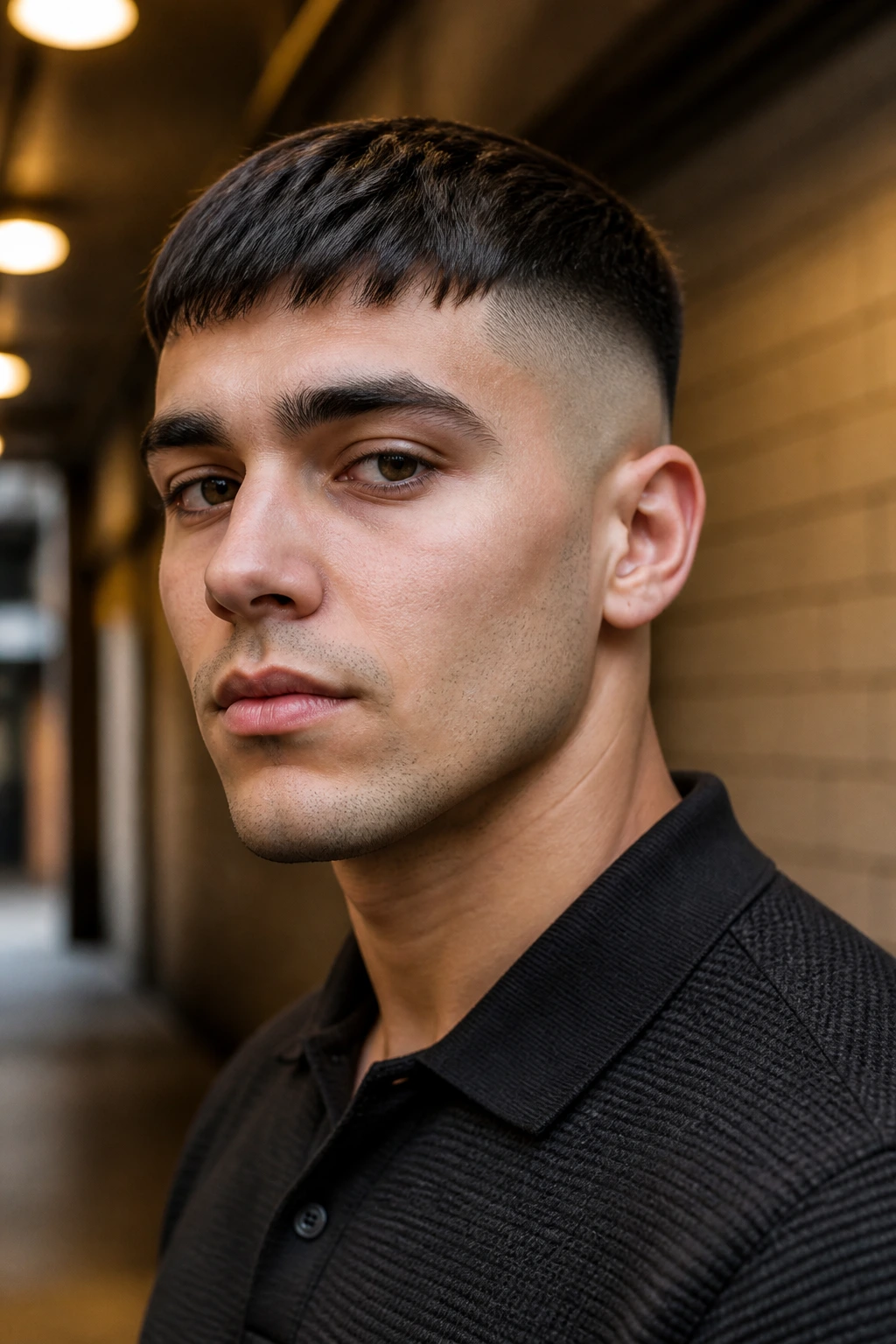 Close-up portrait of a man with bald fade and French crop fringe in urban lighting