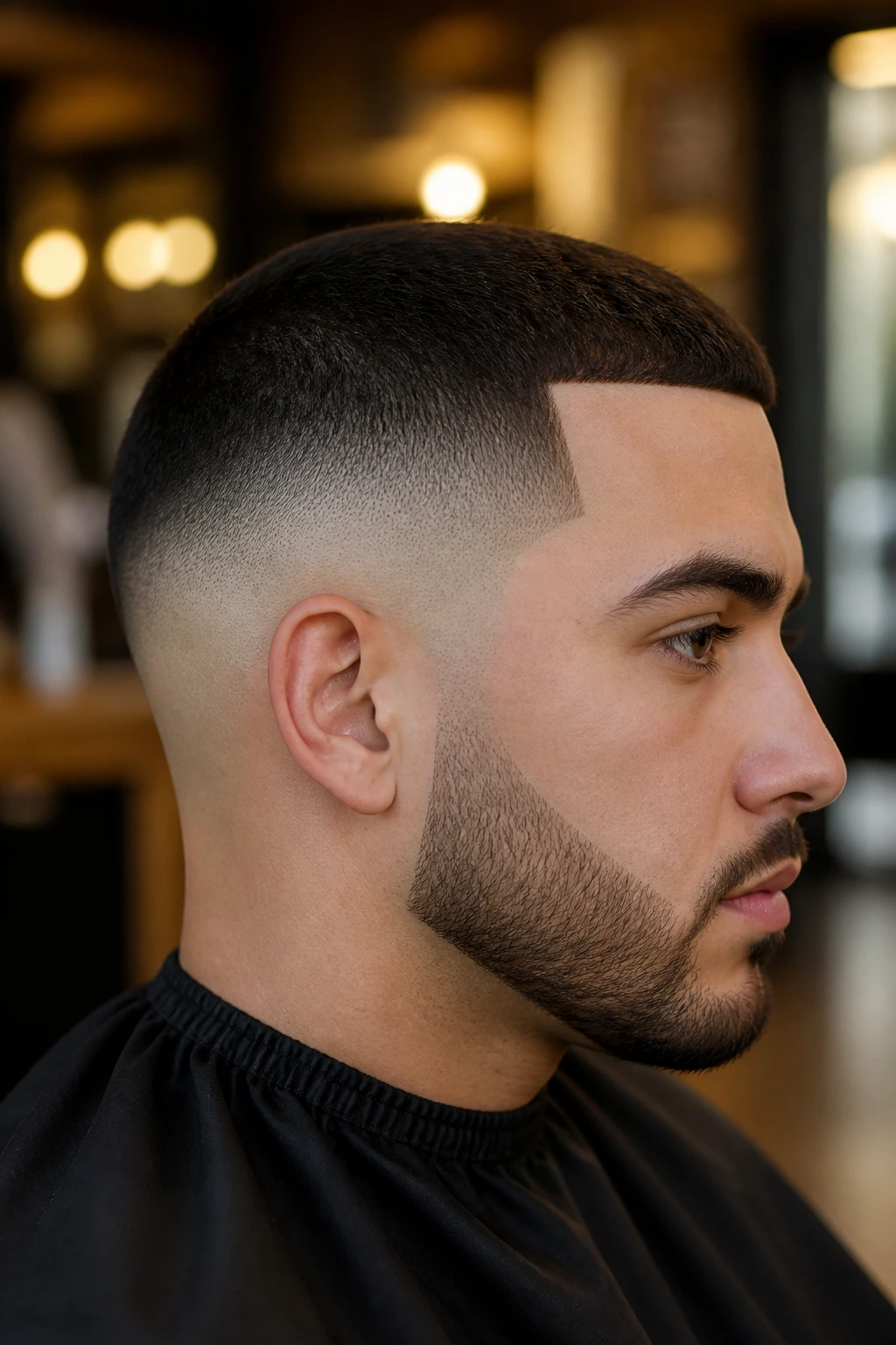 Close-up headshot of a man with a bald fade and sharp line-up