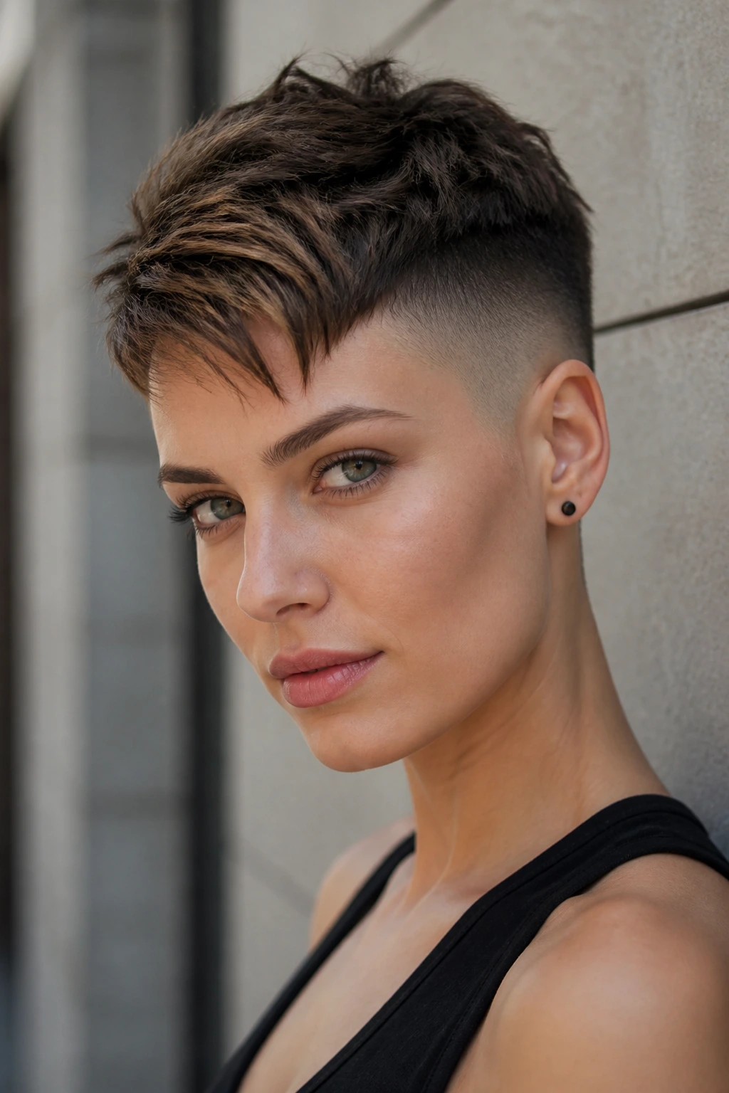 Real woman with bald-fade pixie haircut against neutral architectural background