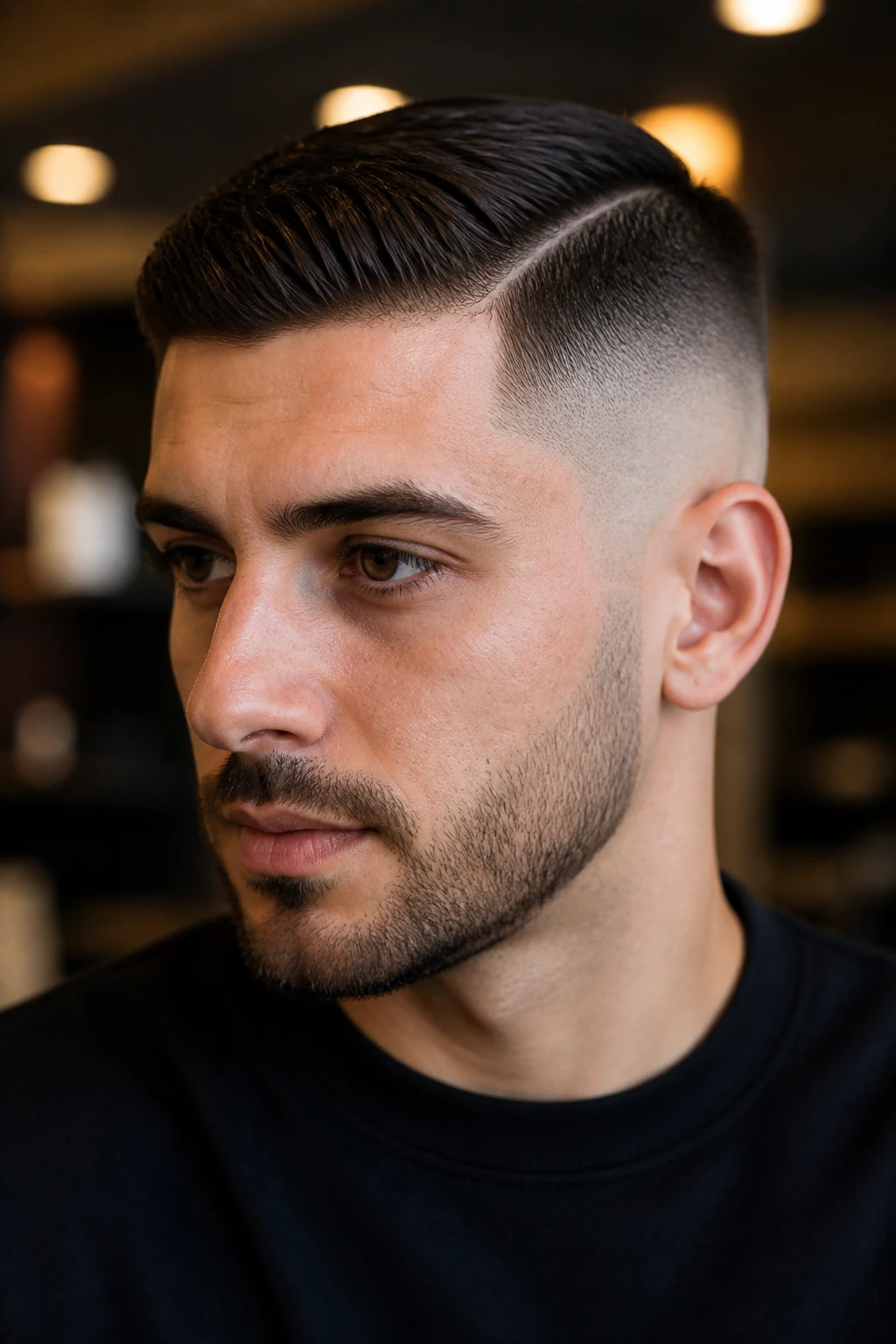 Close-up portrait of a man with a bald fade and side-part crop