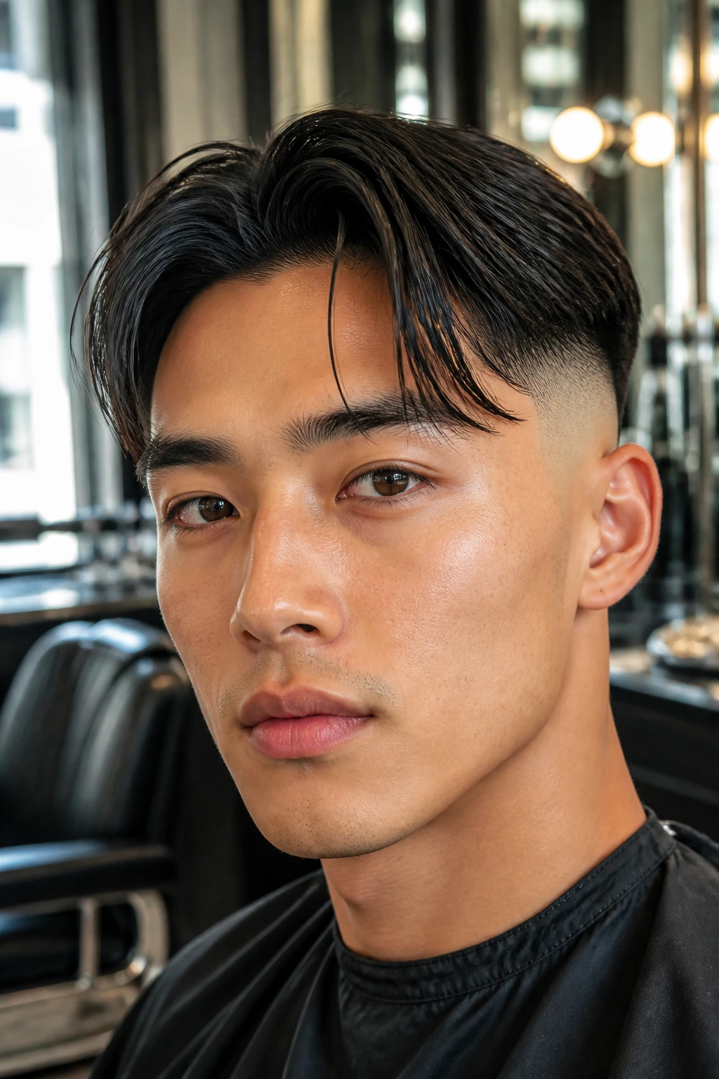 Close-up of a person with bald fade and sleek blow-dried curtains in a barber shop.
