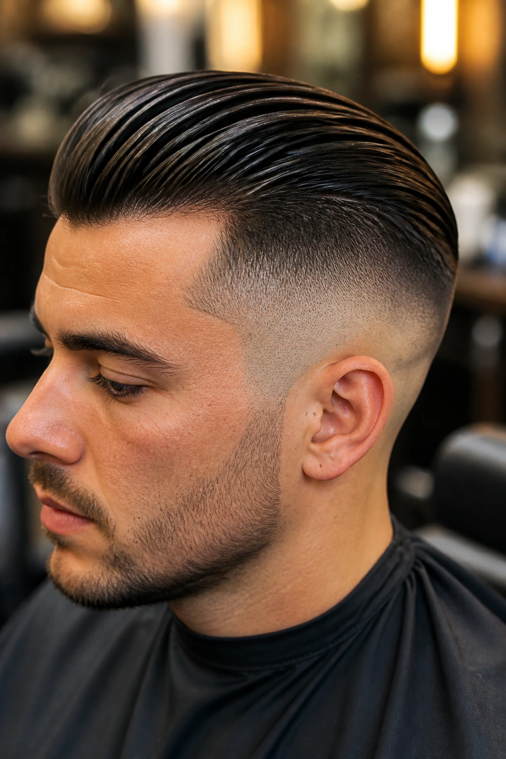 Close-up of a man with bald fade and slicked-back hair