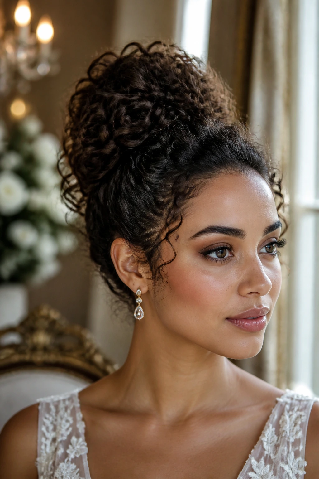 Real woman with a textured ballerina bun and springy curls.