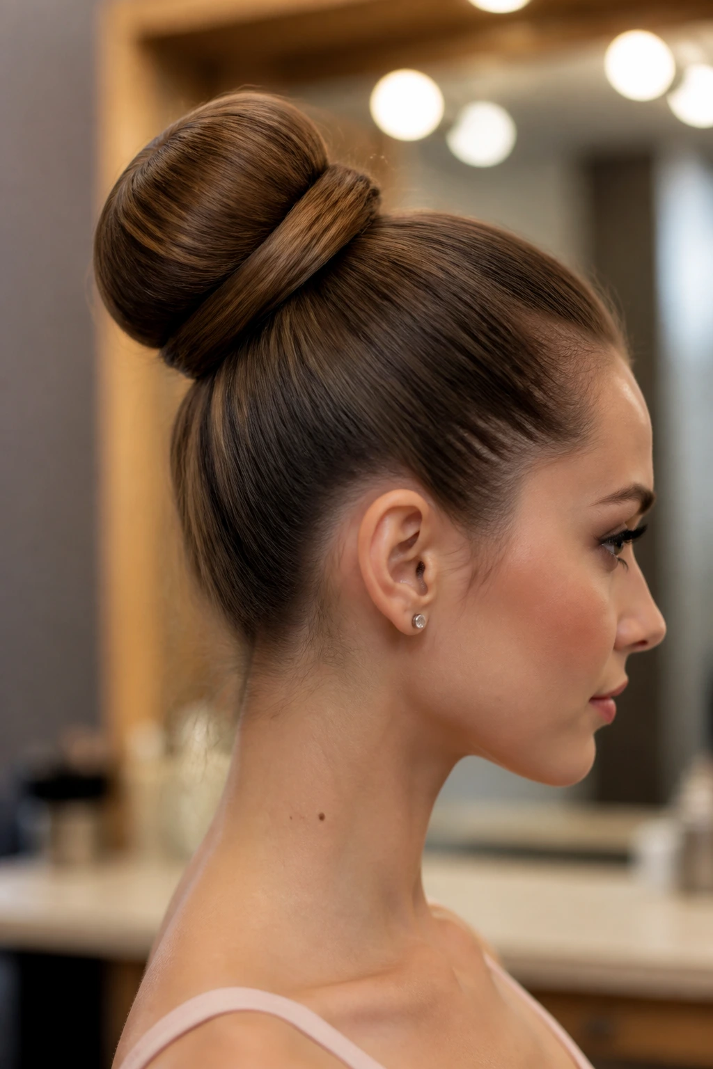 Close-up of a ballerina bun formed around a hidden pad on a real woman.