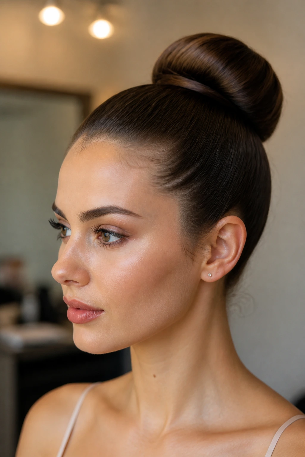 Portrait of a woman with a high round ballerina bun
