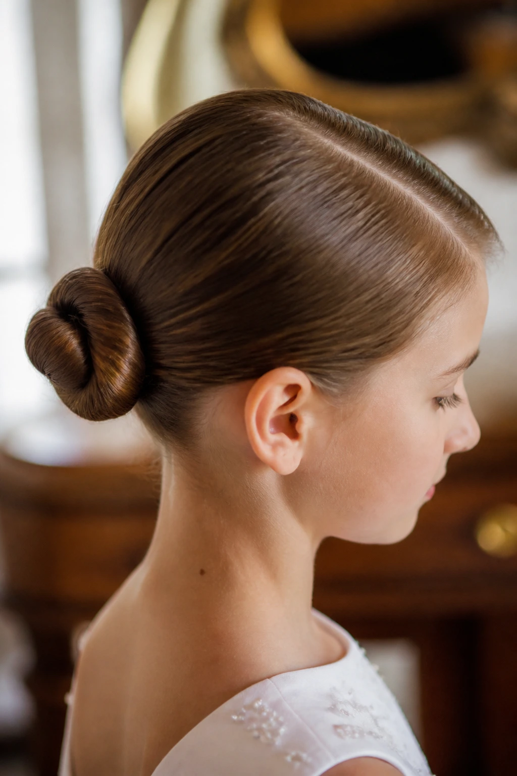 Close-up of a real child’s head with a classic ballet bun and a soft side part in warm natural light