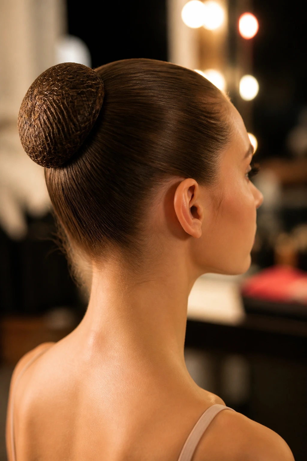 Centered ballet bun on a real head with net in dressing room light