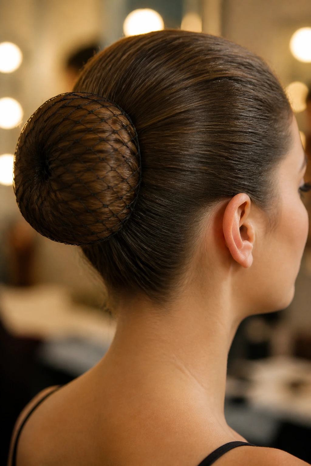 Close-up of a real woman with a polished ballet bun secured by a hair net in a backstage dressing room.