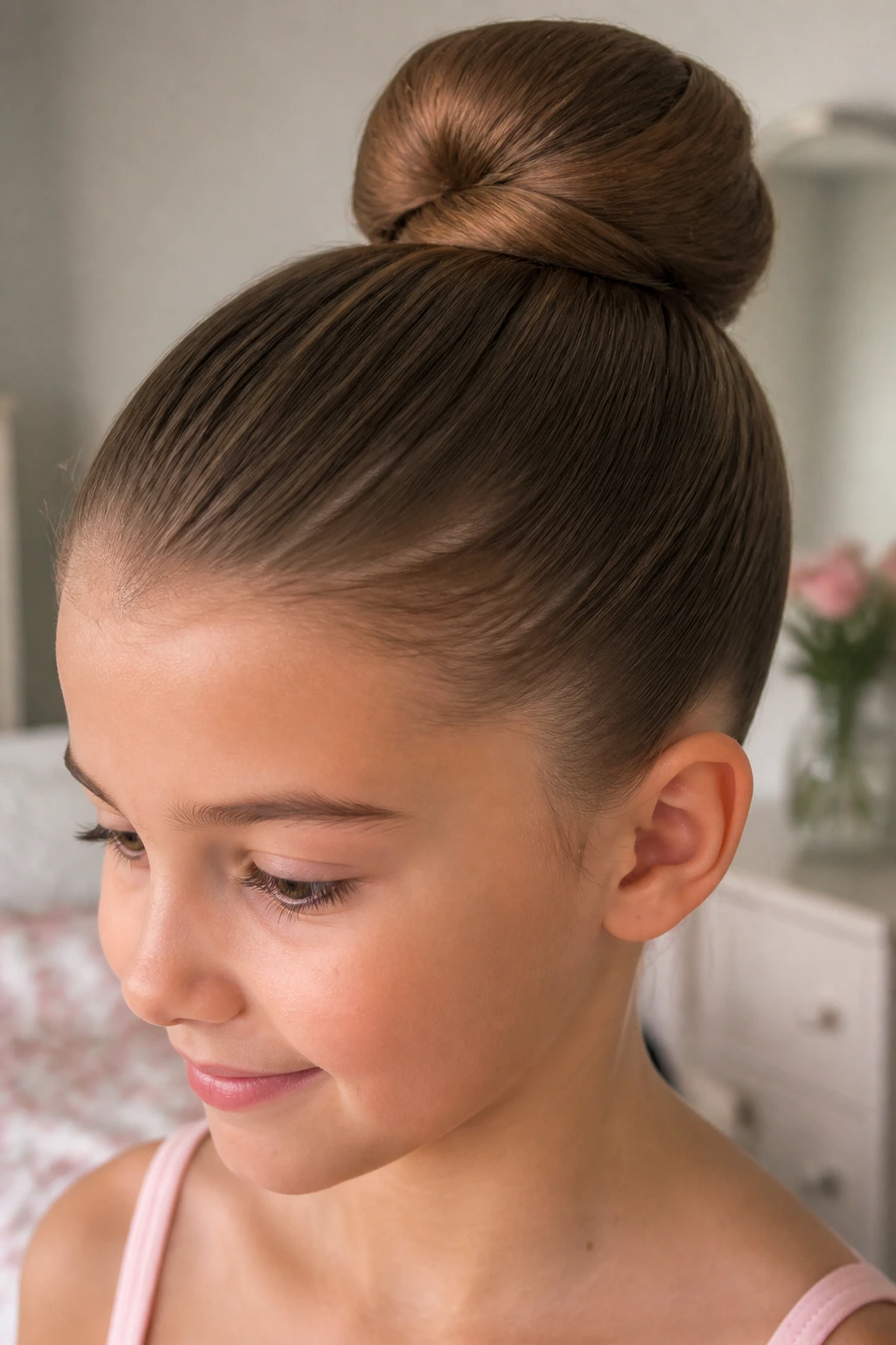 Close-up of a girl with a sleek high ballet bun
