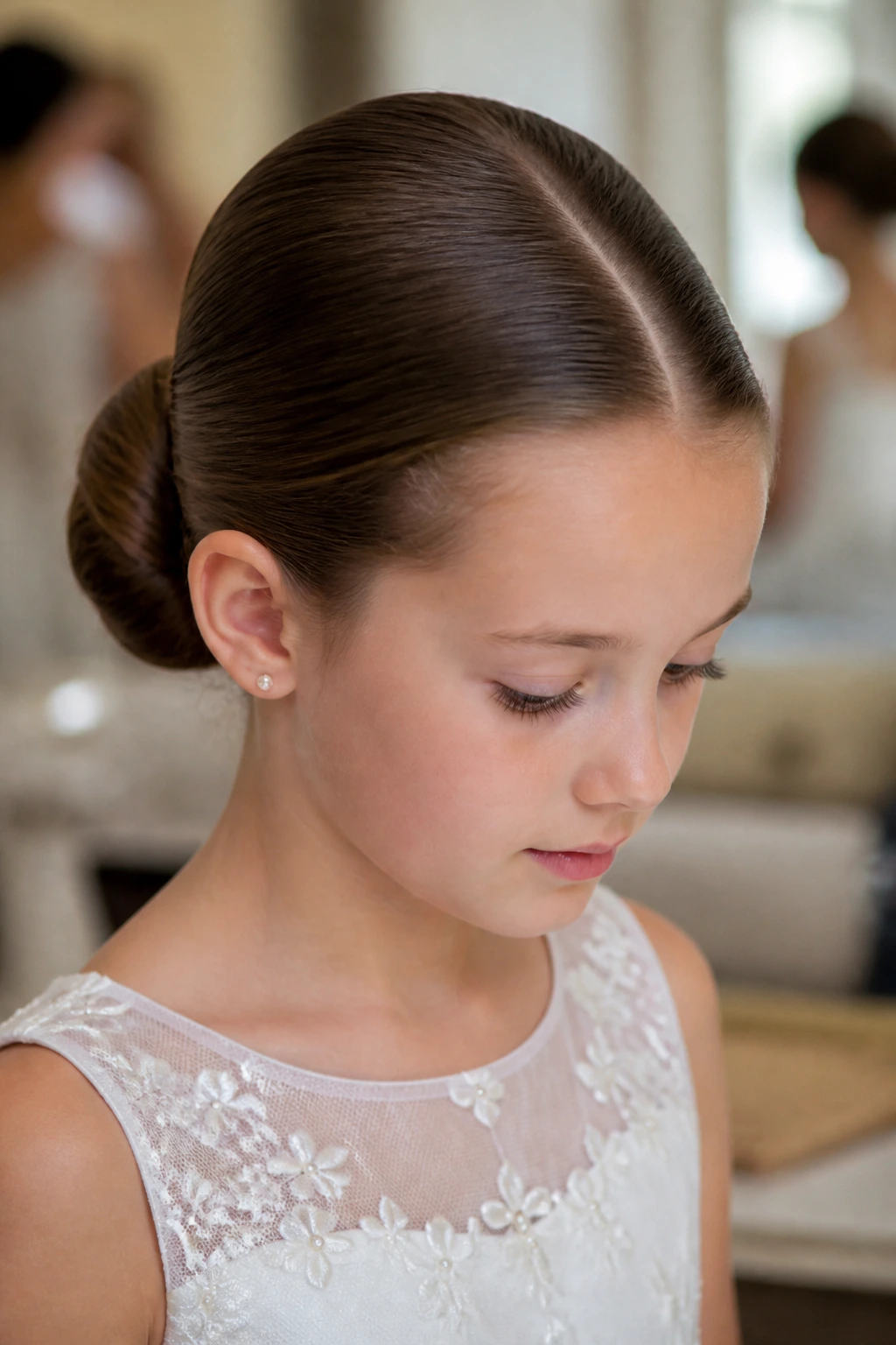 Close-up of a child with a ballet bun and middle part in church setting