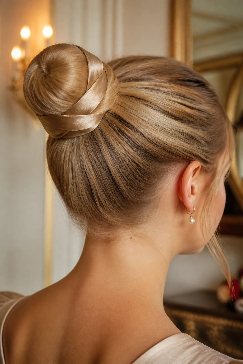 Close-up of ribbon-wrapped ballet bun on a real person with a smooth, centered knot.