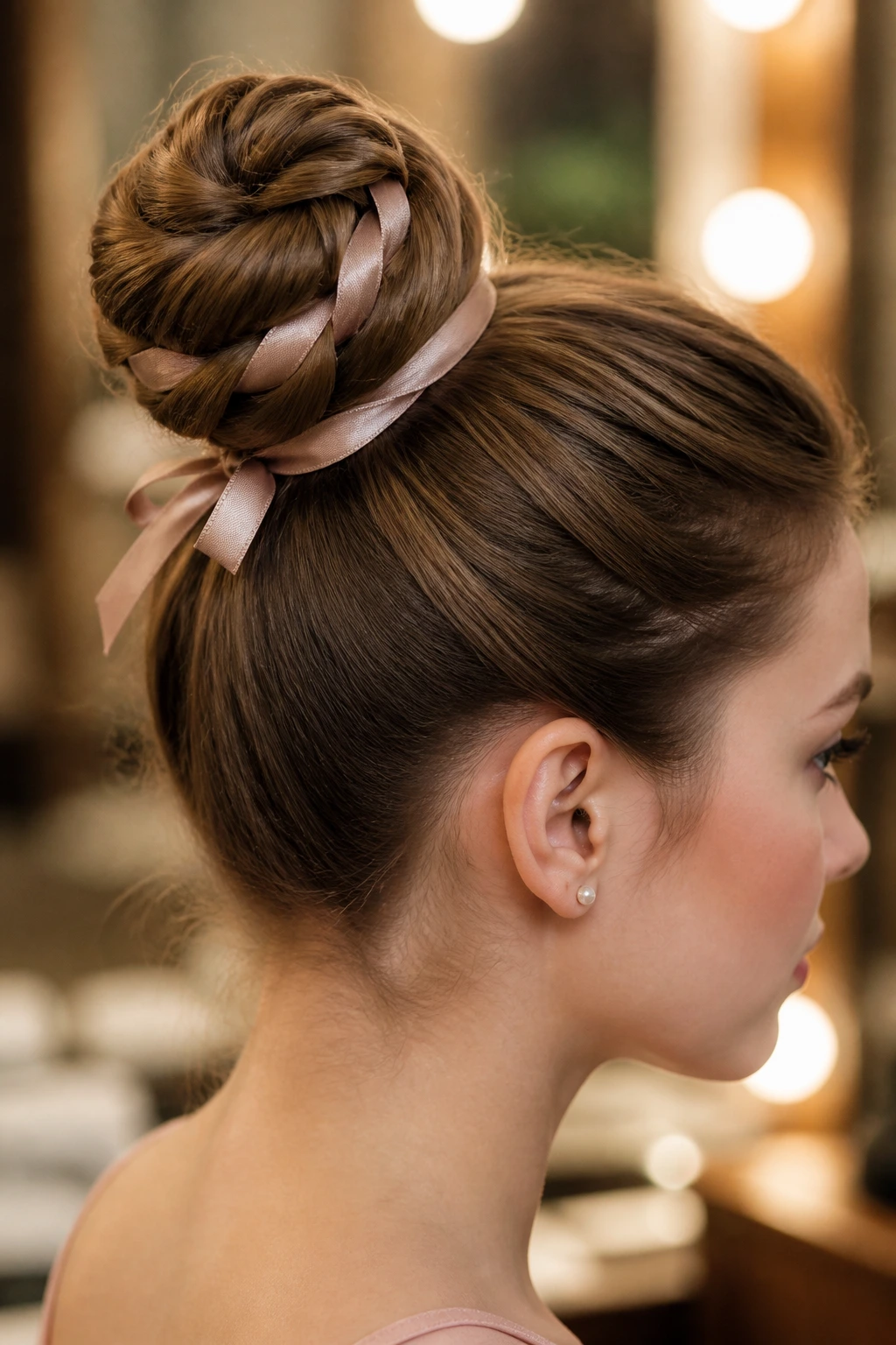 Close-up portrait of a real woman wearing a ballet bun with a satin ribbon