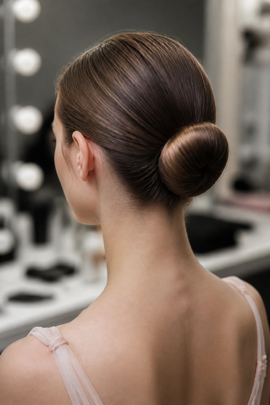 Close-up of a real woman with a centered ballet-pretty chignon