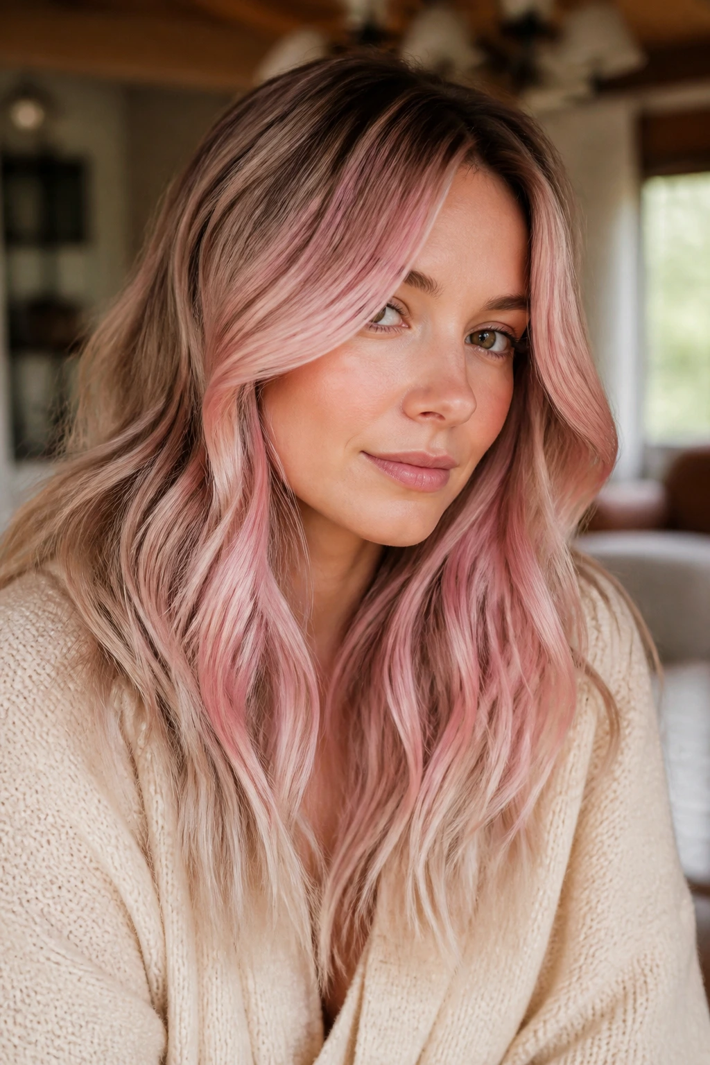 Real woman with pink balayage blending into beige blonde.