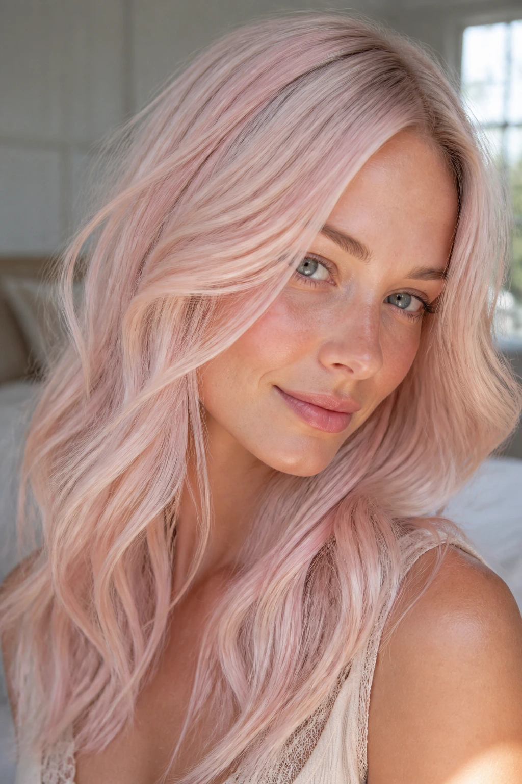 Real woman with ballet slipper blonde hair in soft light