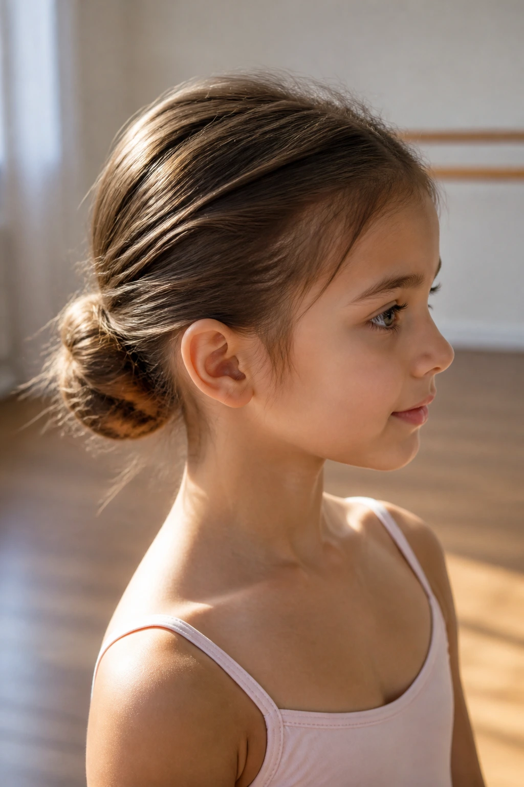 Close-up of a young girl with a soft ballet-inspired bun in a warmly lit room