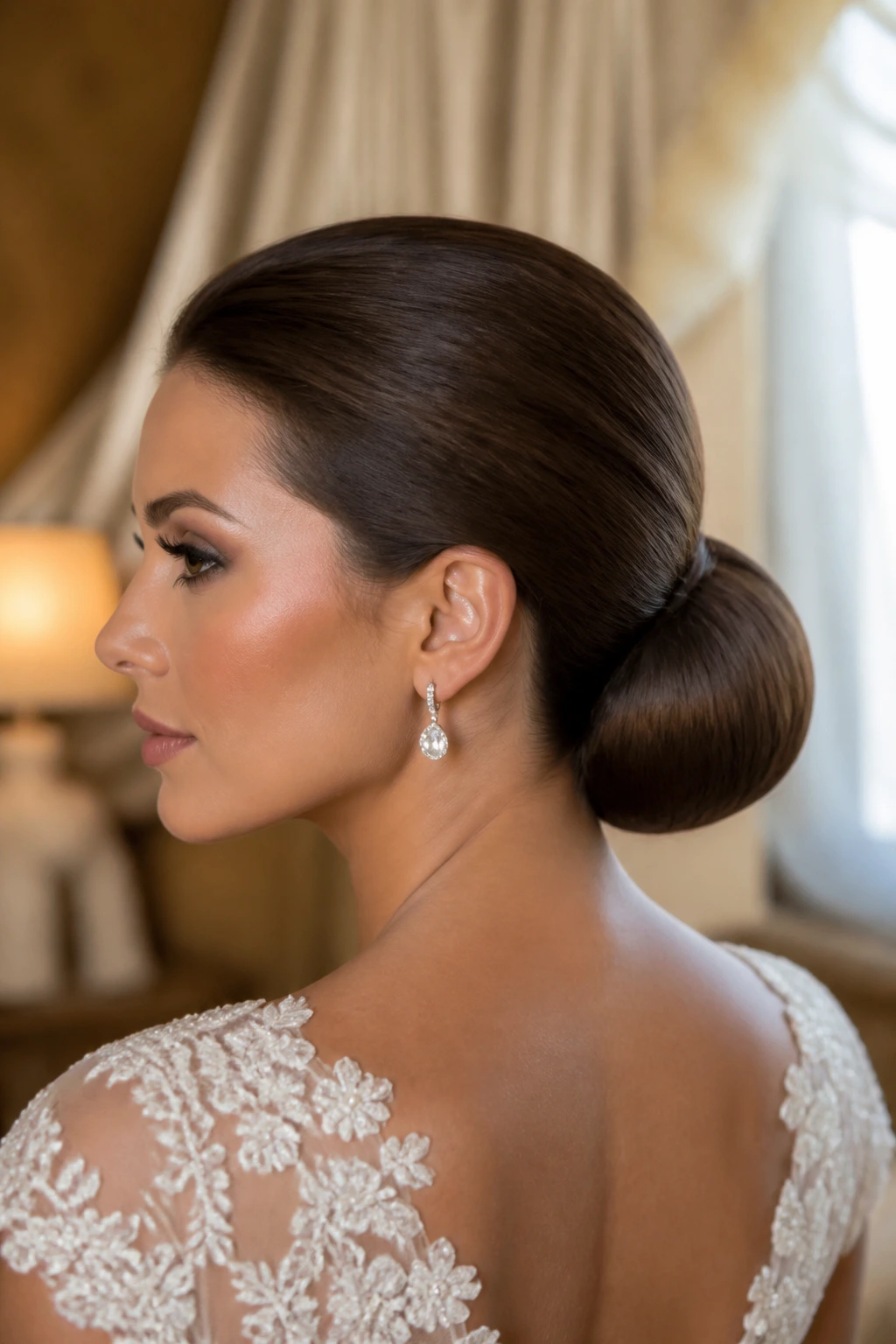 Close-up of a real bride with a classic ballroom bun in a softly lit bridal suite