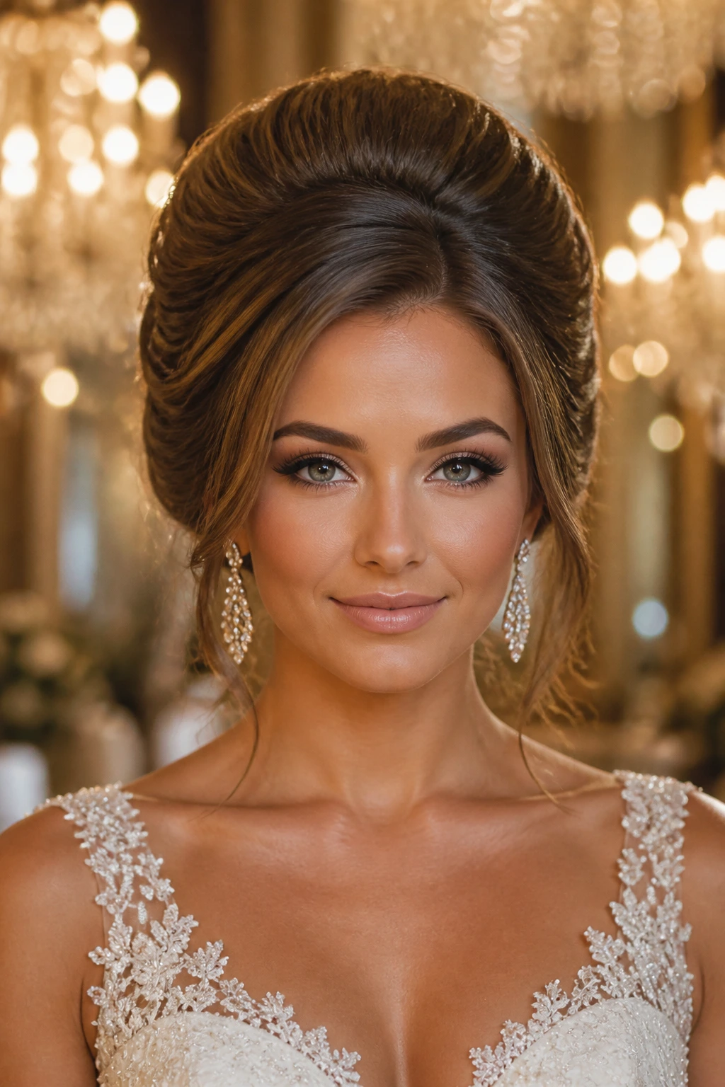 Bride with ballroom volume updo featuring dramatic crown height