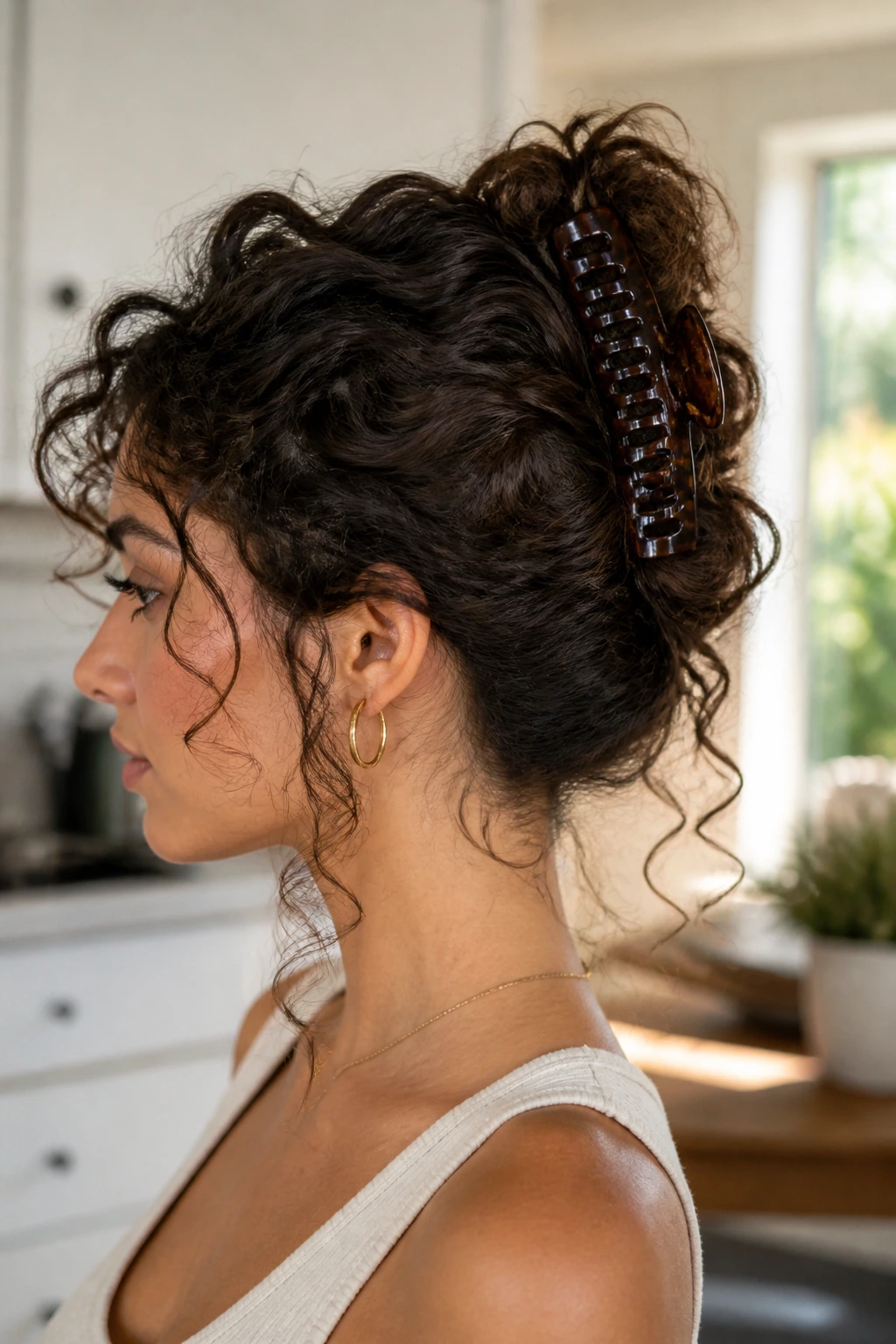 Close-up of a real woman with a banana-clip bun in bright kitchen light