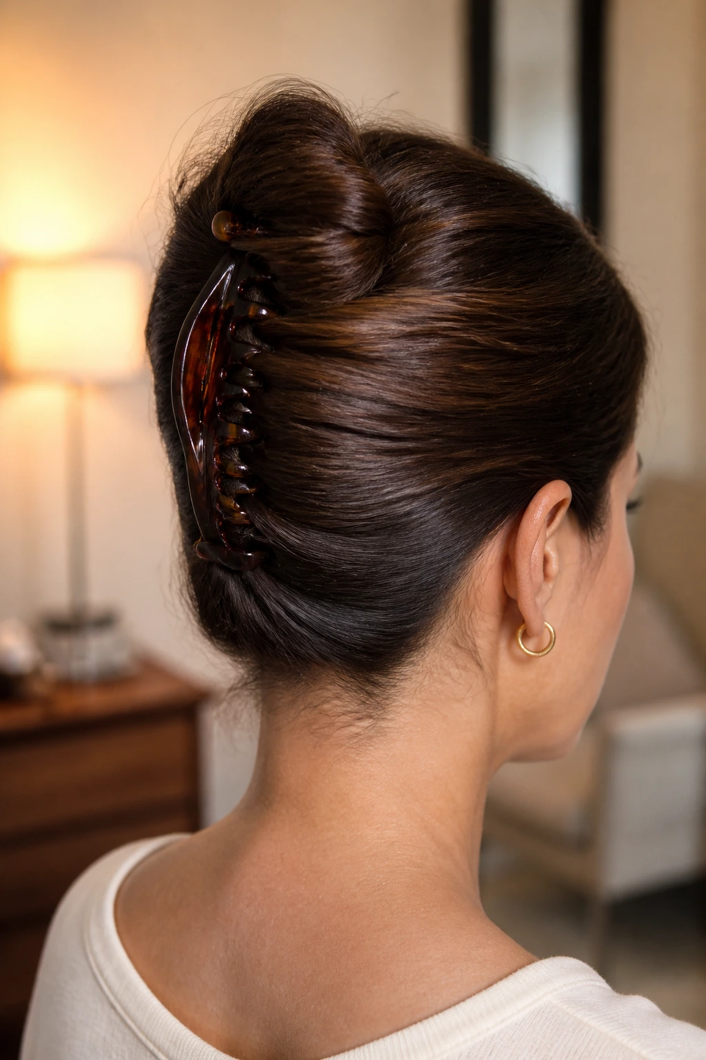 Real woman with banana-clip French twist showing the clip and tidy twist.