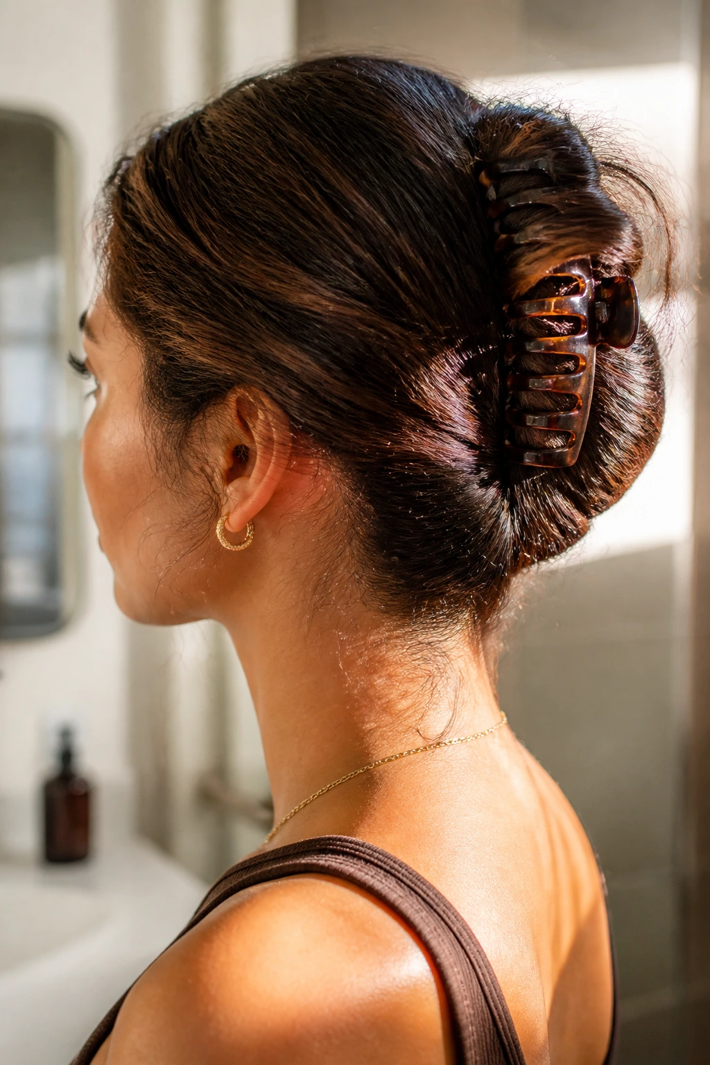 Close-up of a real woman with a banana clip twist hairstyle