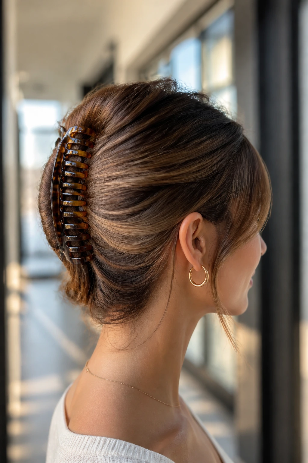 Close-up of a real woman with a banana clip twist hairstyle
