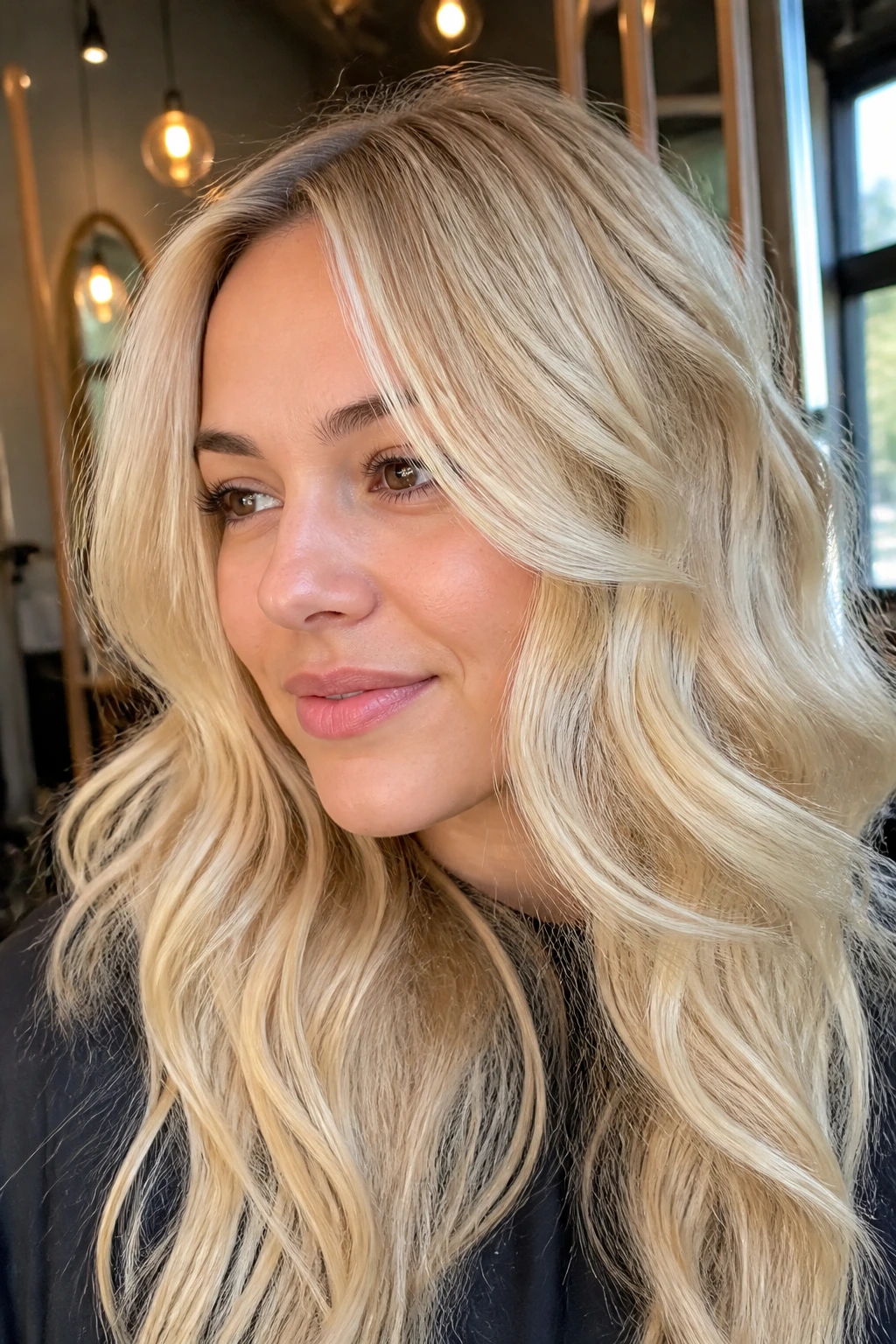 Close-up portrait of a real woman with banana cream blonde hair in warm lighting