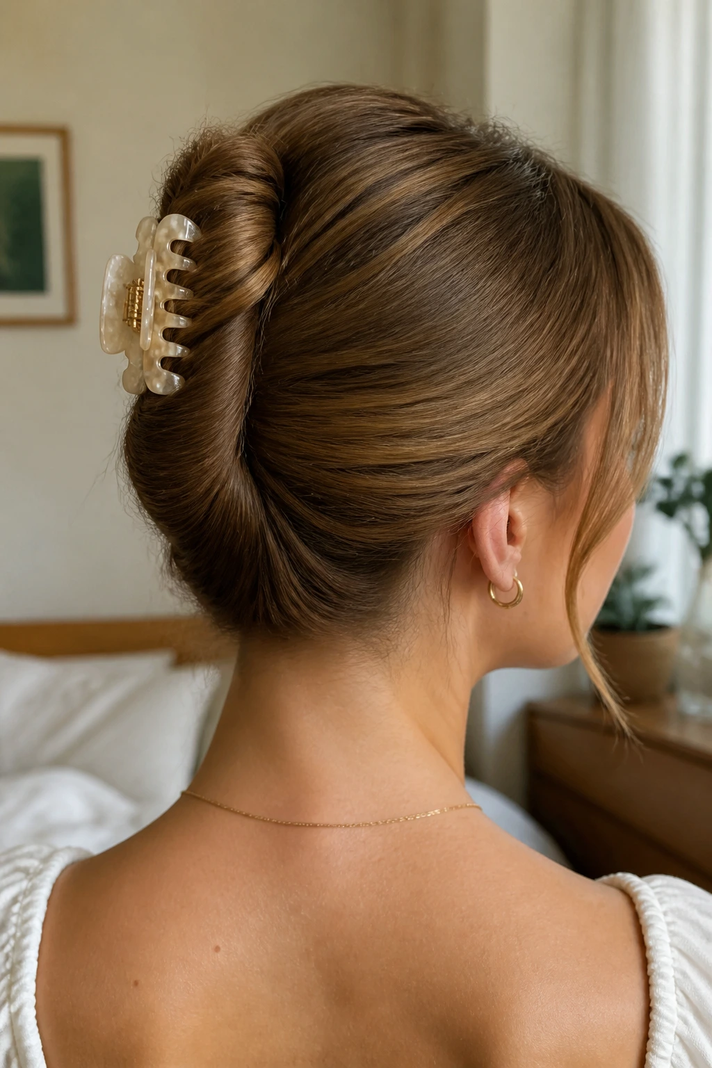 Close-up of a real woman with a banana roll hairstyle pinned at the back