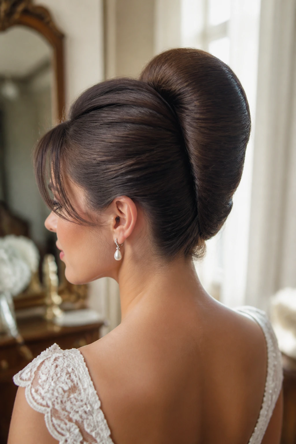 Close-up of a real bride with Banana Roll Updo showing the vertical roll along the back of the head