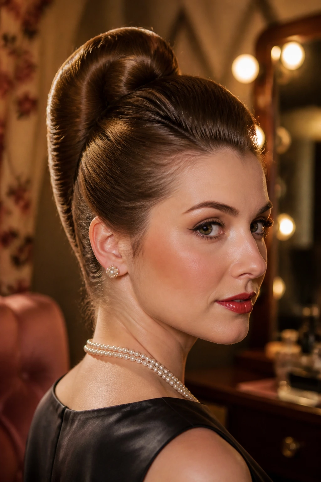 Close-up portrait of a real woman with a banana roll updo in a vintage dressing room.