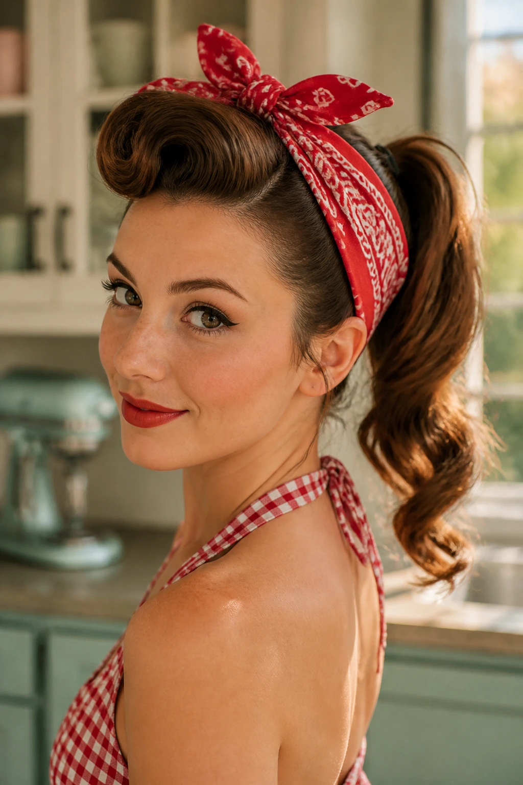 Real woman with bandana pin-up ponytail in retro setting