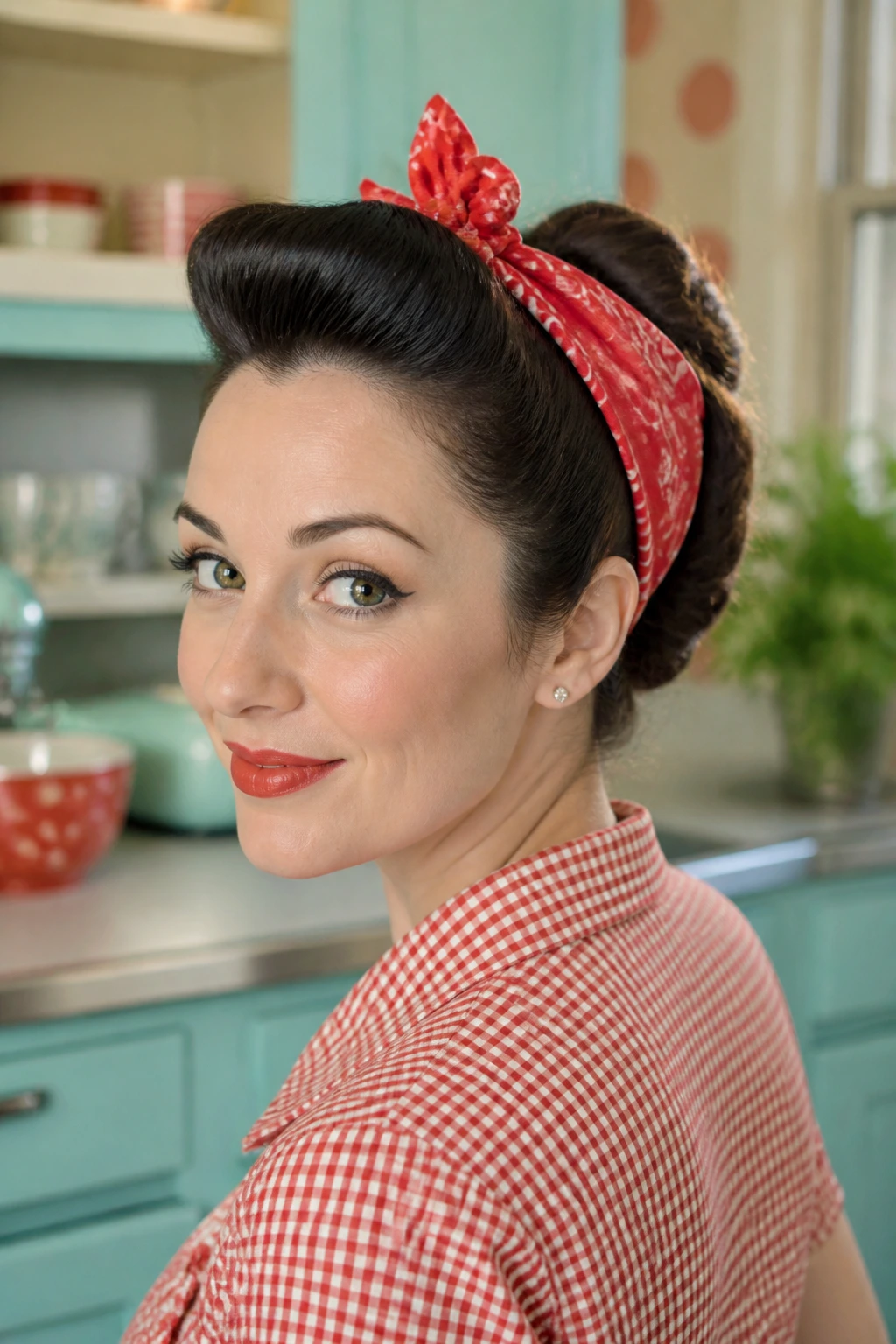 Rolled bandana updo on a real woman in a retro setting