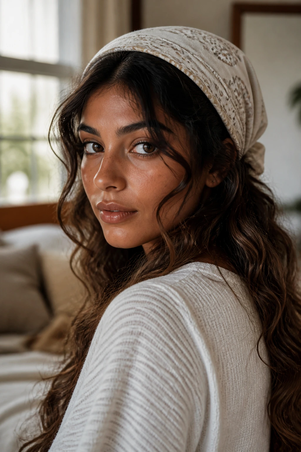 Close-up of a real woman with bandana-headwrap waves.