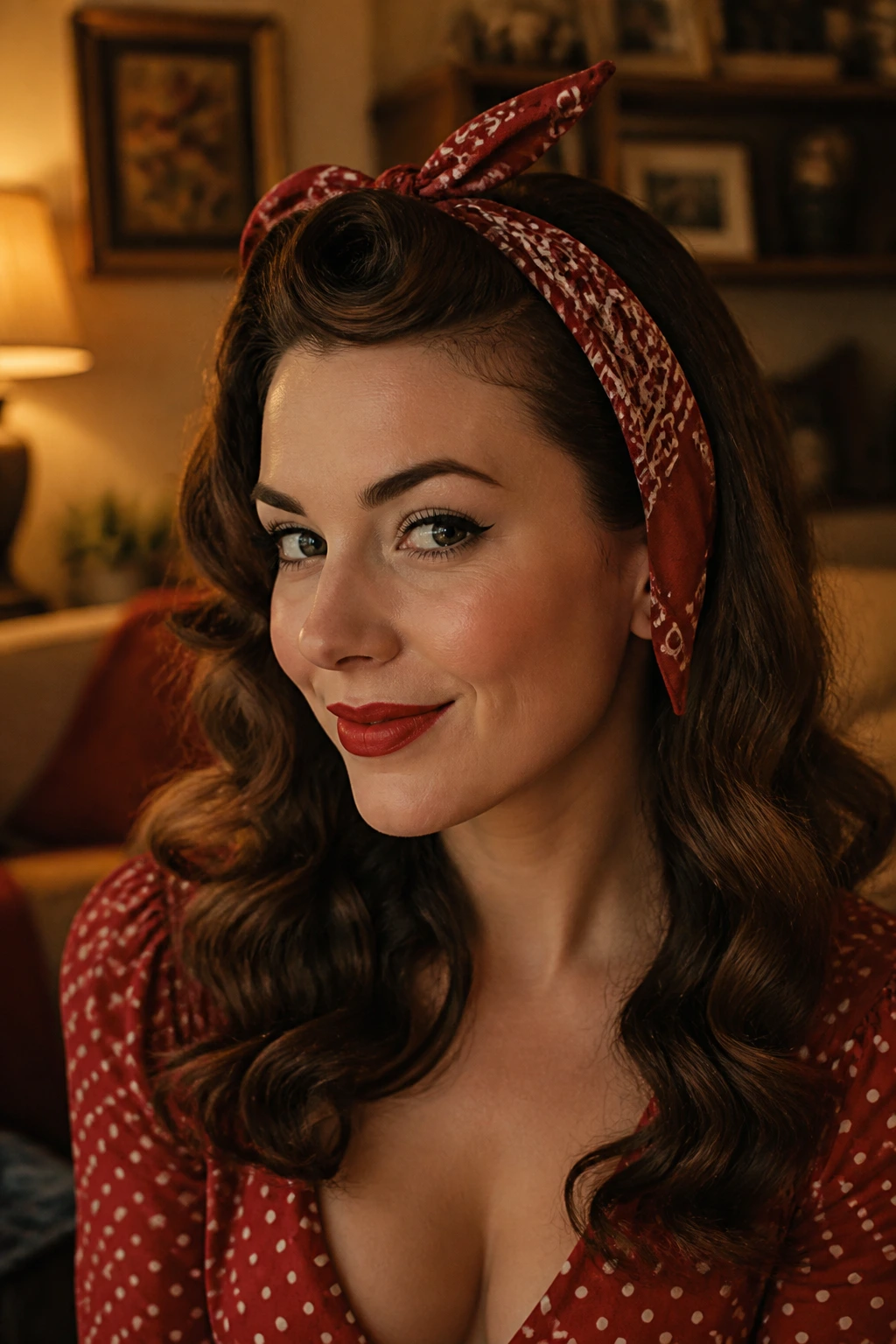 Real woman with bandana and pin-up waves, close-up portrait in warm living room light
