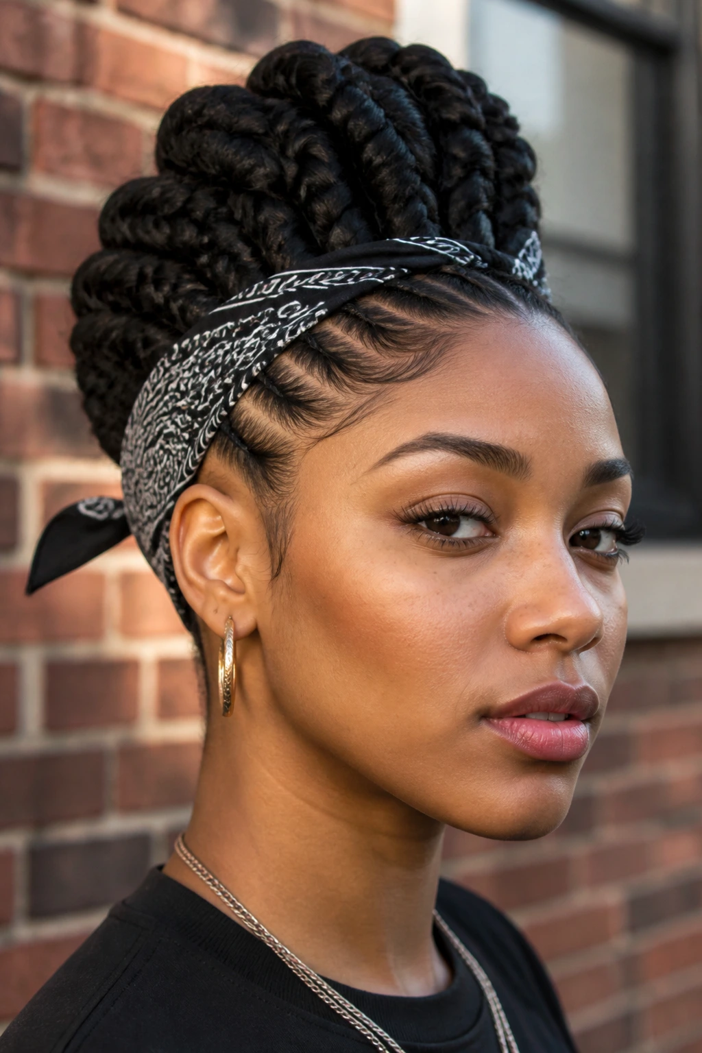 Close-up of a real person with a bandana-wrapped braid hawk against an urban background
