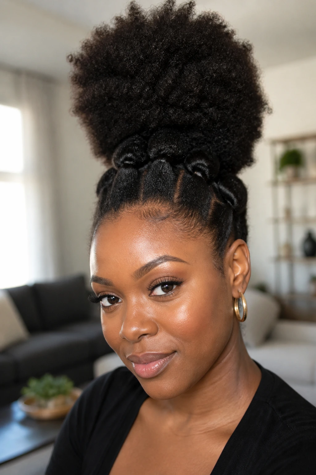Close-up of a real woman with banded-stretched puff hairstyle