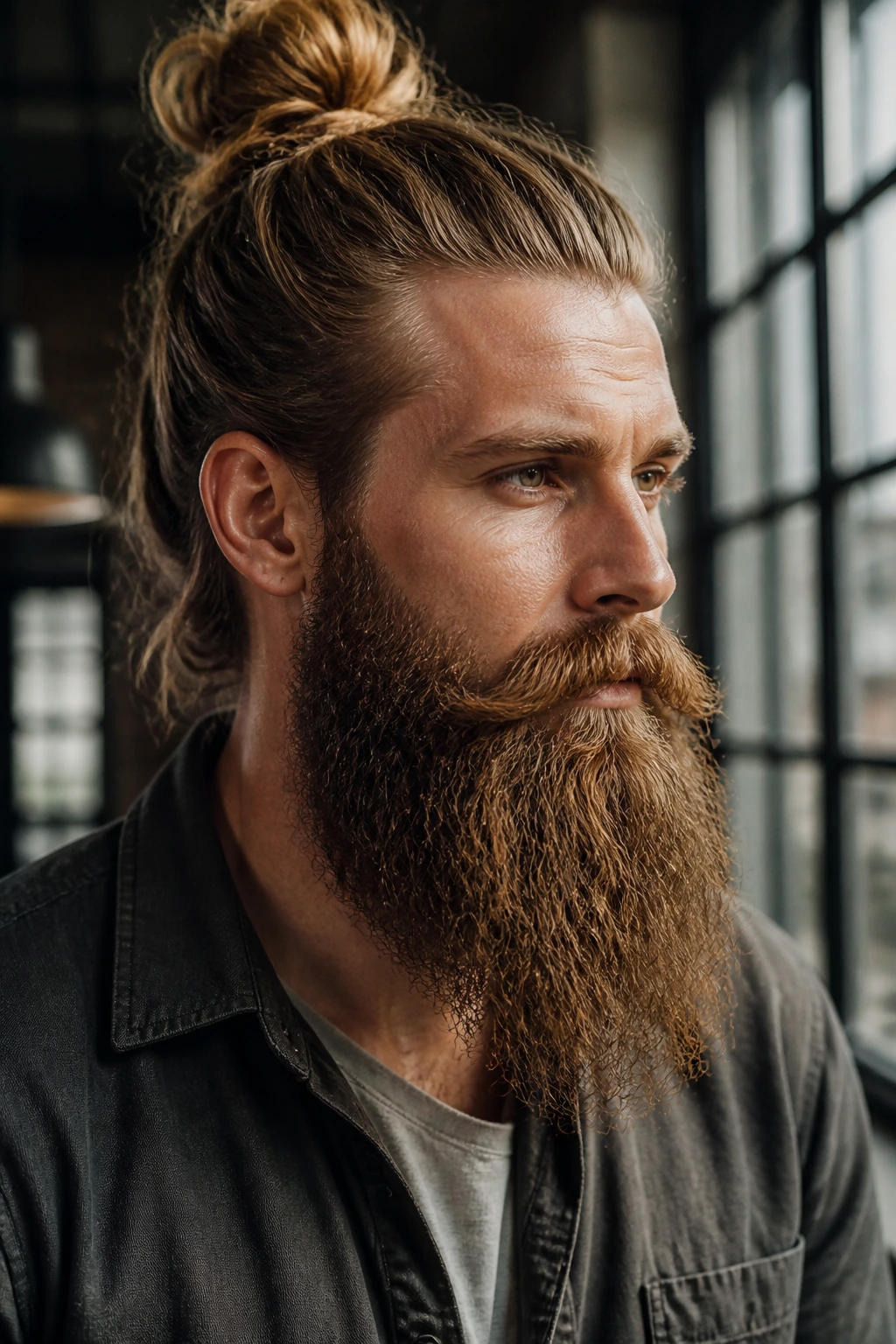 Man with Bandholz beard and top bun in a bright urban loft