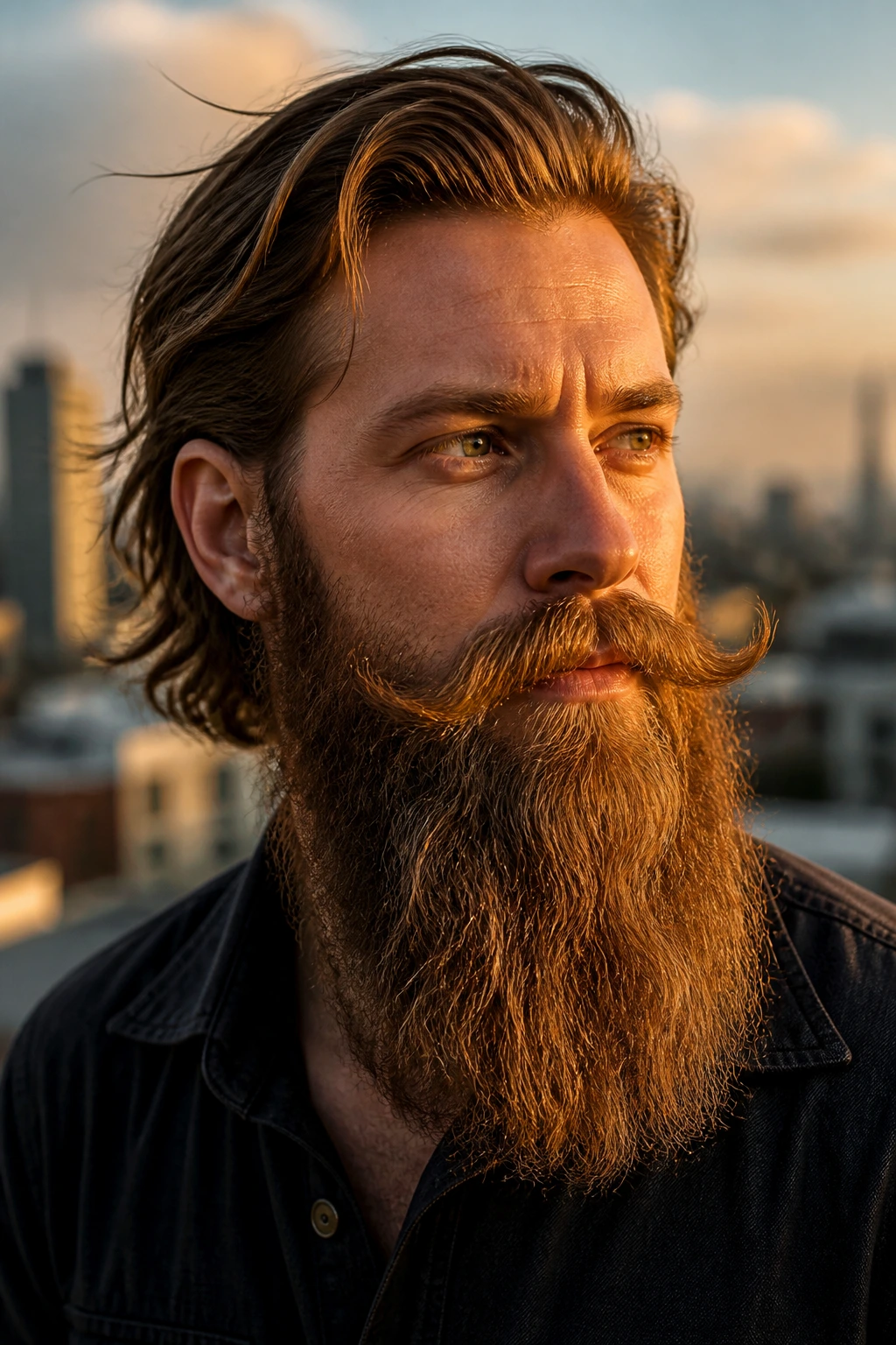 Medium close-up of a man with a long Bandholz beard on a rooftop