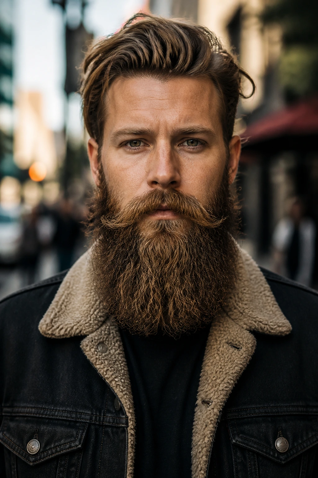 Portrait of a man with a long Bandholz beard and trained mustache.