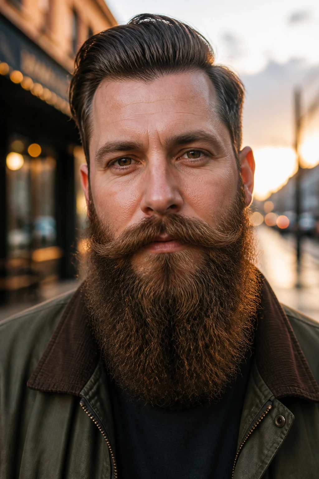 Close-up of a man with a thick Bandholz beard and mustache