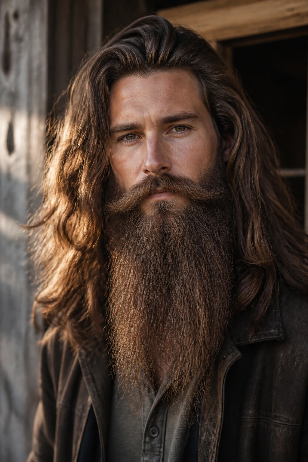 Man with thick hair and Bandholz beard outdoors near a wooden cabin
