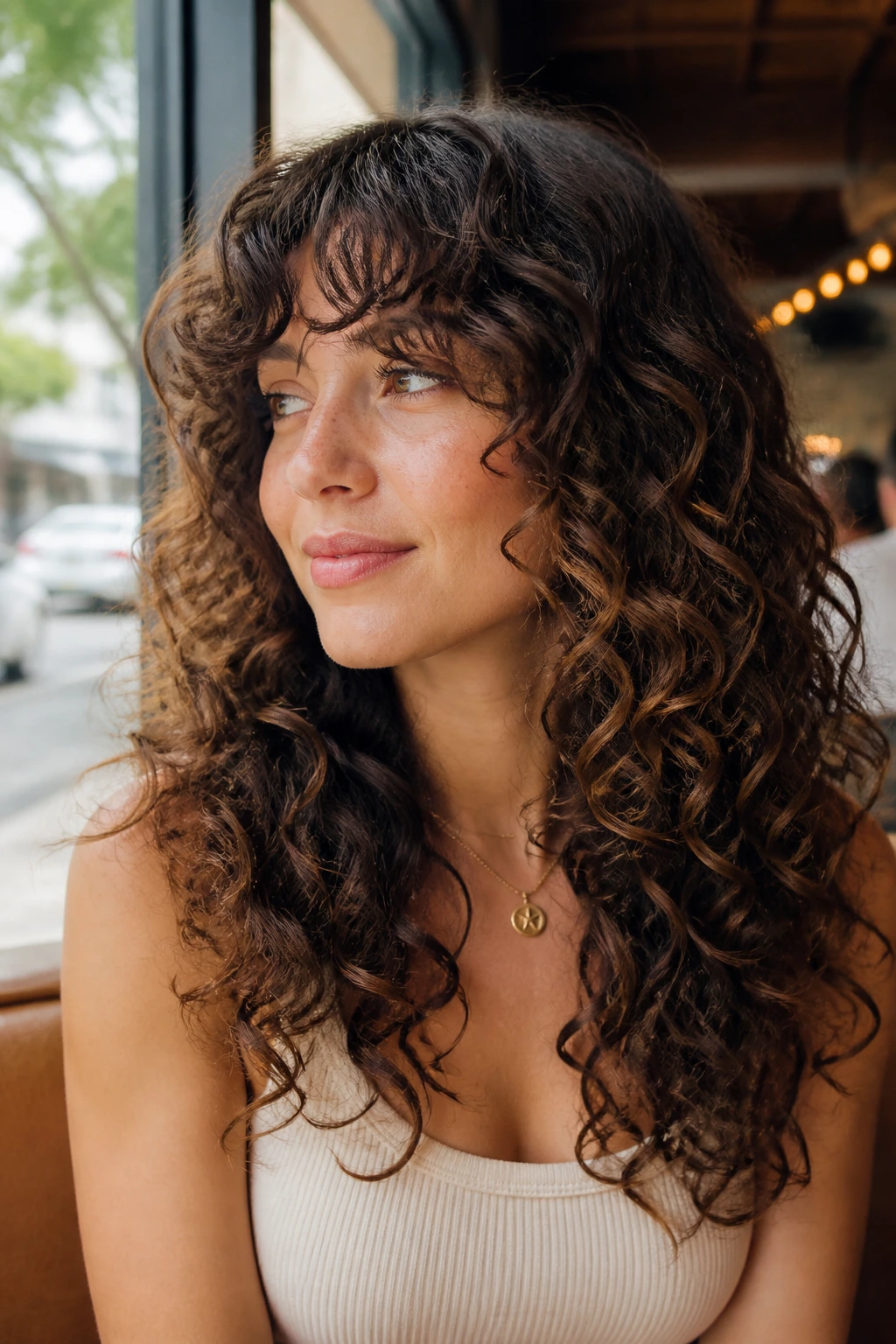 Close-up portrait of a real person with bangs blending into curls