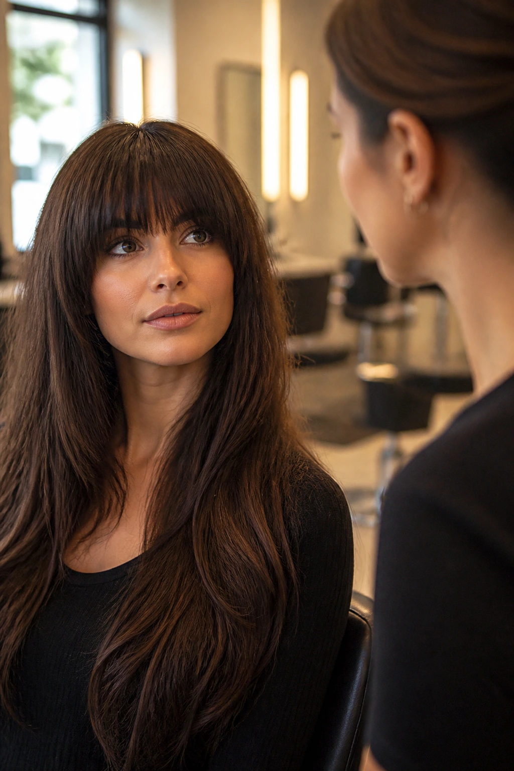 Portrait of a woman in a salon chair with dense bangs during consultation.