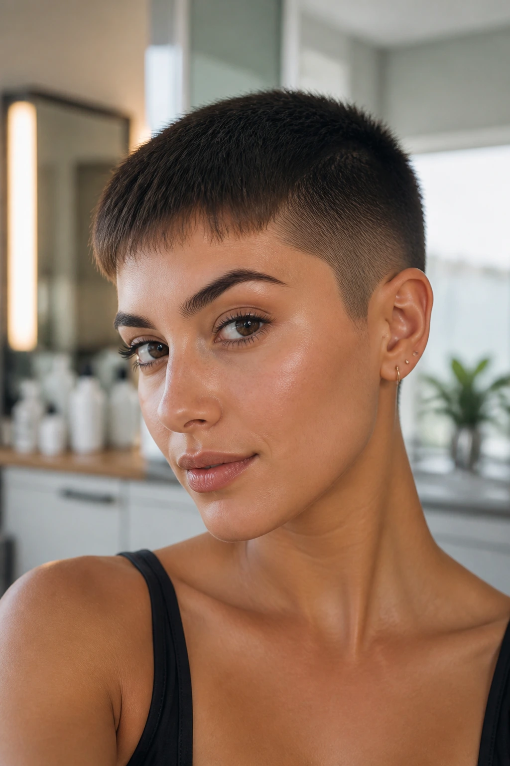 Real woman with bang-forward buzz showing forward-brushing fringe