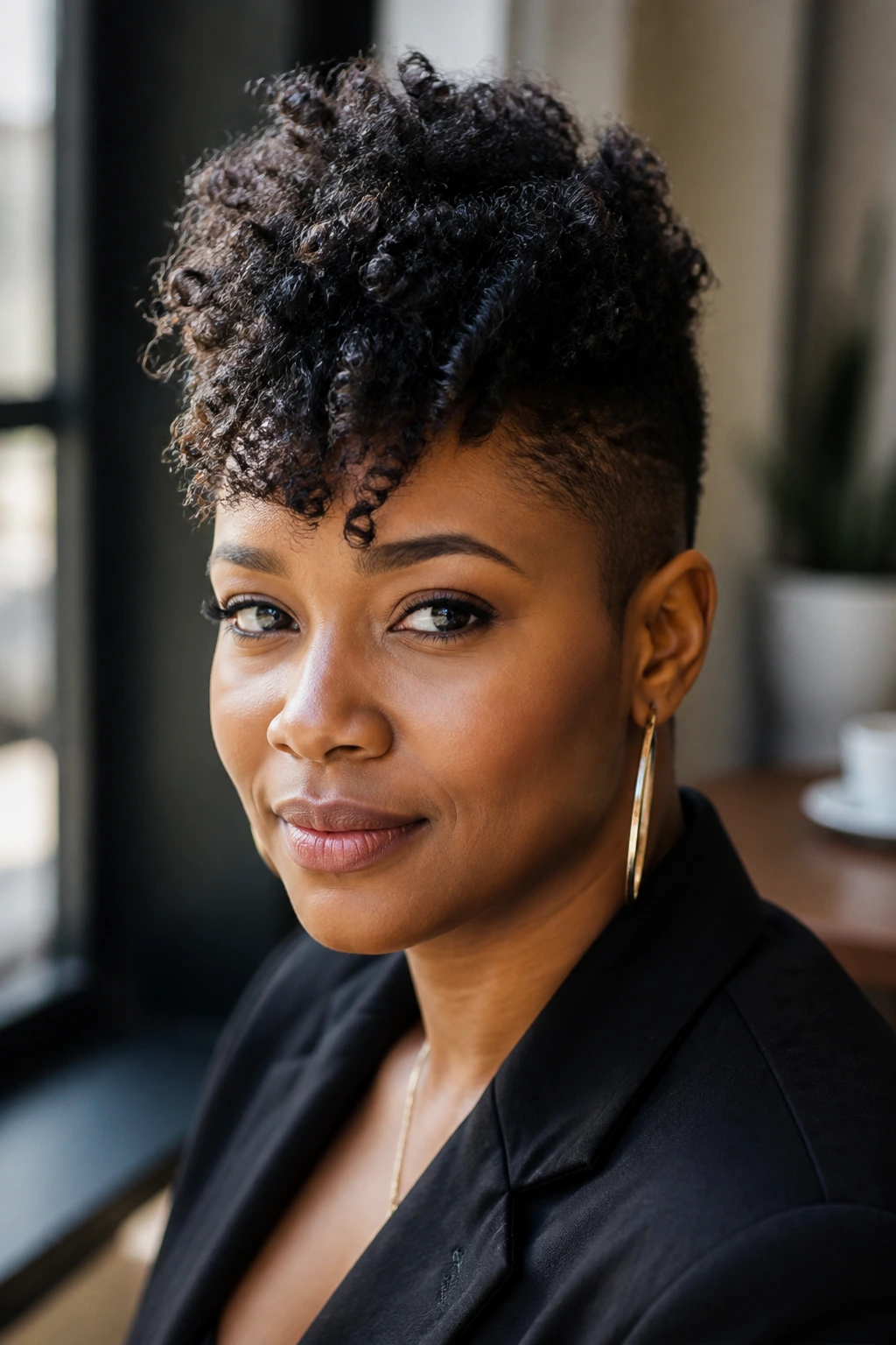 Close-up of a real Black woman with short bang-forward faux hawk