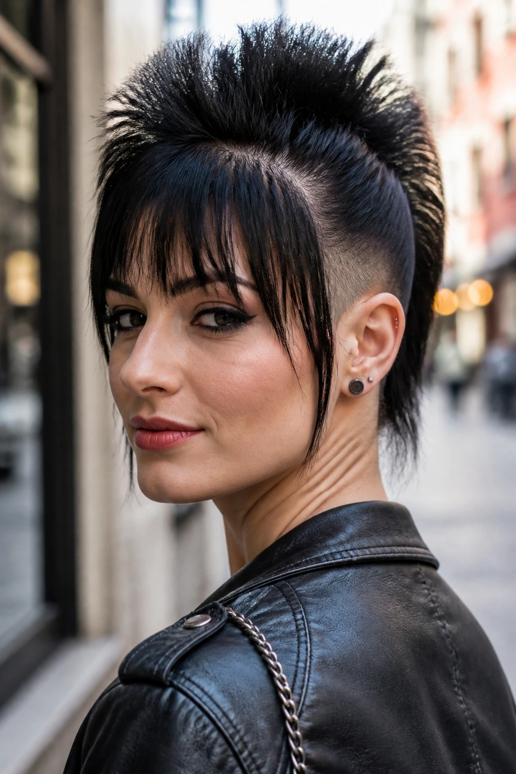 Close-up of a real woman with bangs framing a mohawk